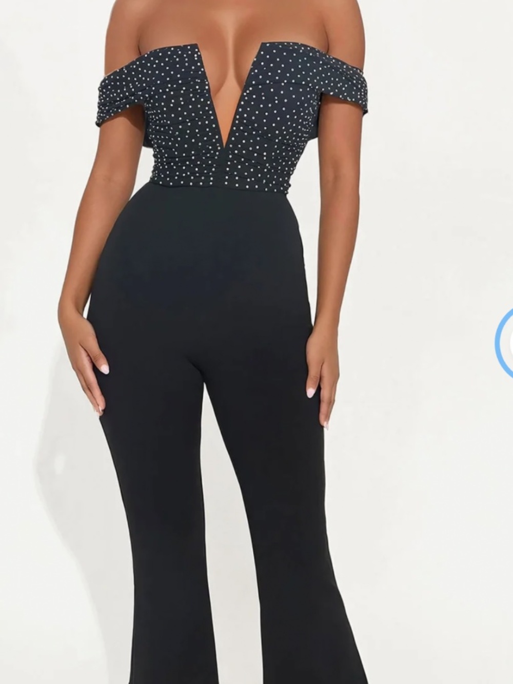 FashionNova Black Rhinestone Off Shoulder Flare Jumpsuit